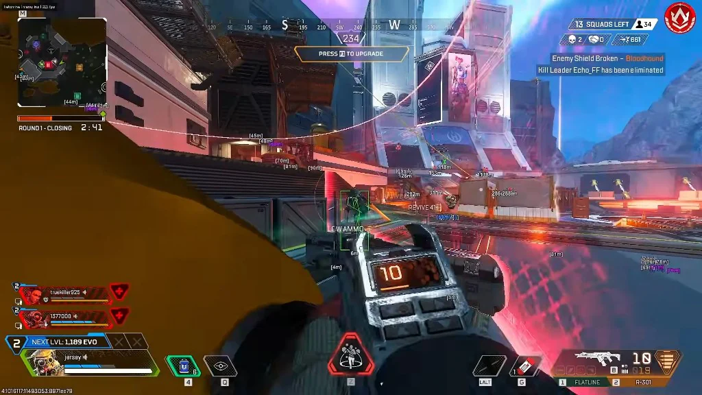 Apex Legends match with box and skeleton ESP, snaplines, and distance markers across the map.