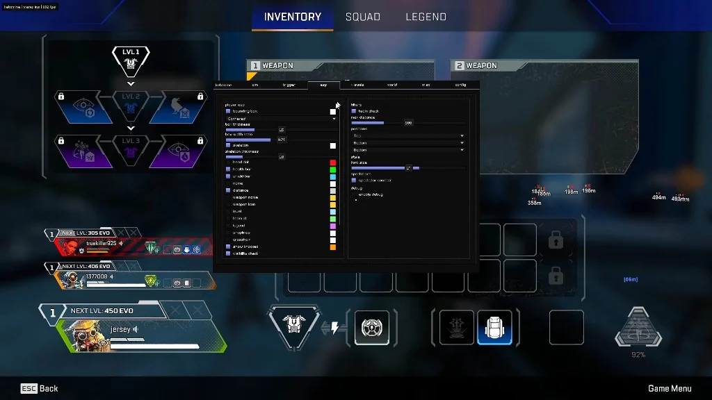 Apex Legends inventory screen with the cheat ESP settings menu open on the Visuals tab.